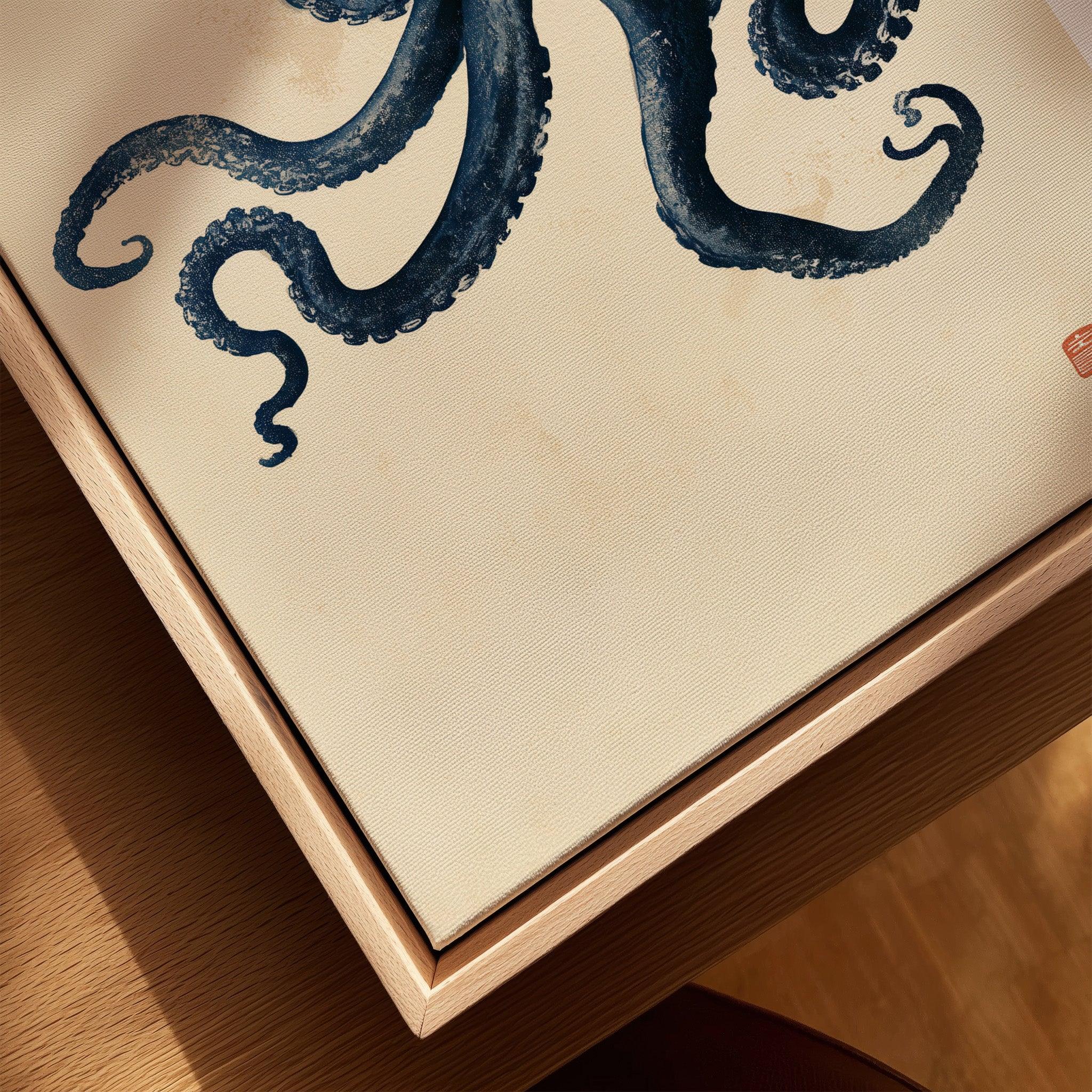 Vintage Japanese Octopus Art Print – Coastal Wall Art — closeup framed canvas natural wood floating frame