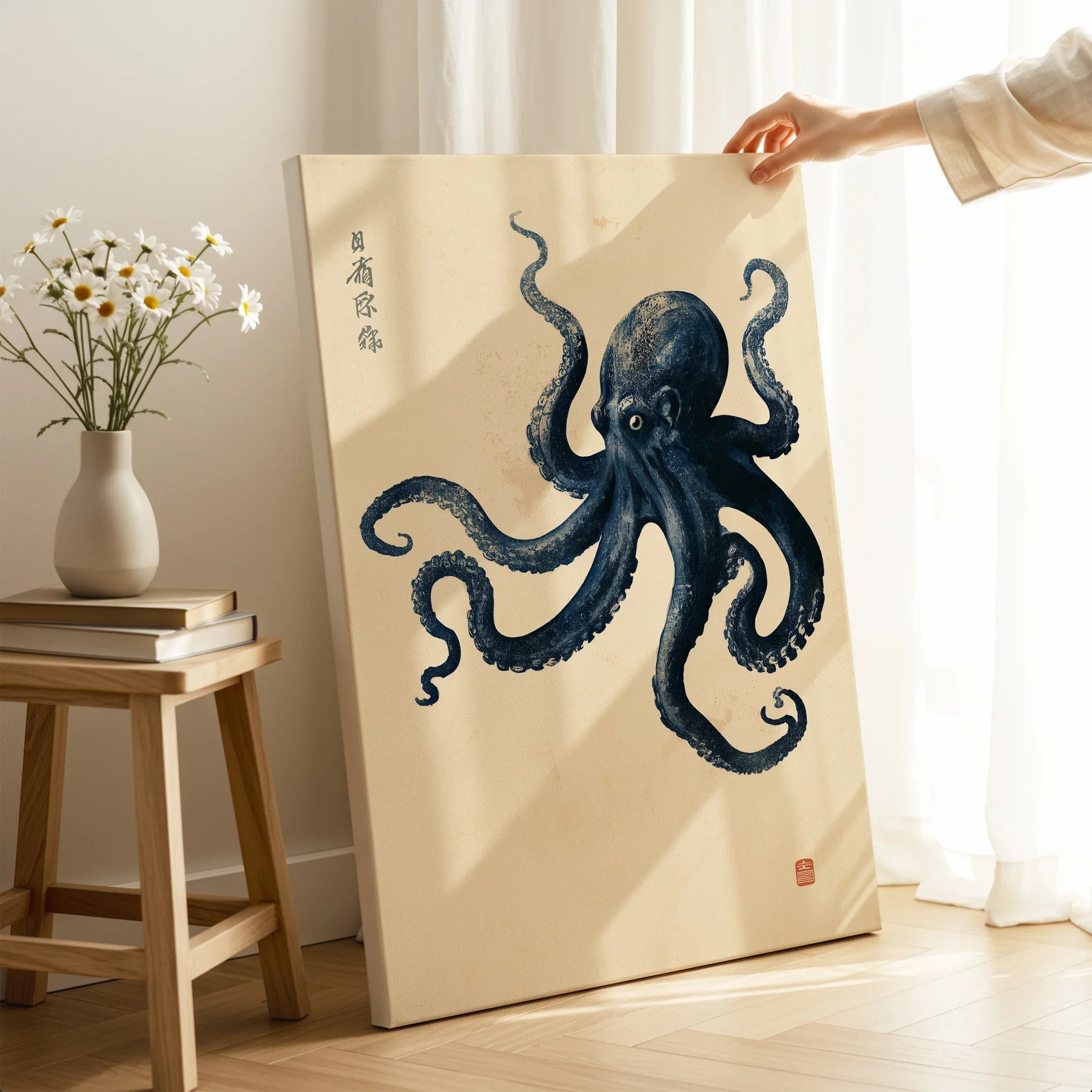 Vintage Japanese Octopus Art Print – Coastal Wall Art — canvas print mirror edge hand holding room setting