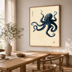 Vintage Japanese Octopus Art Print – Coastal Wall Art — dining room framed print natural wood frame