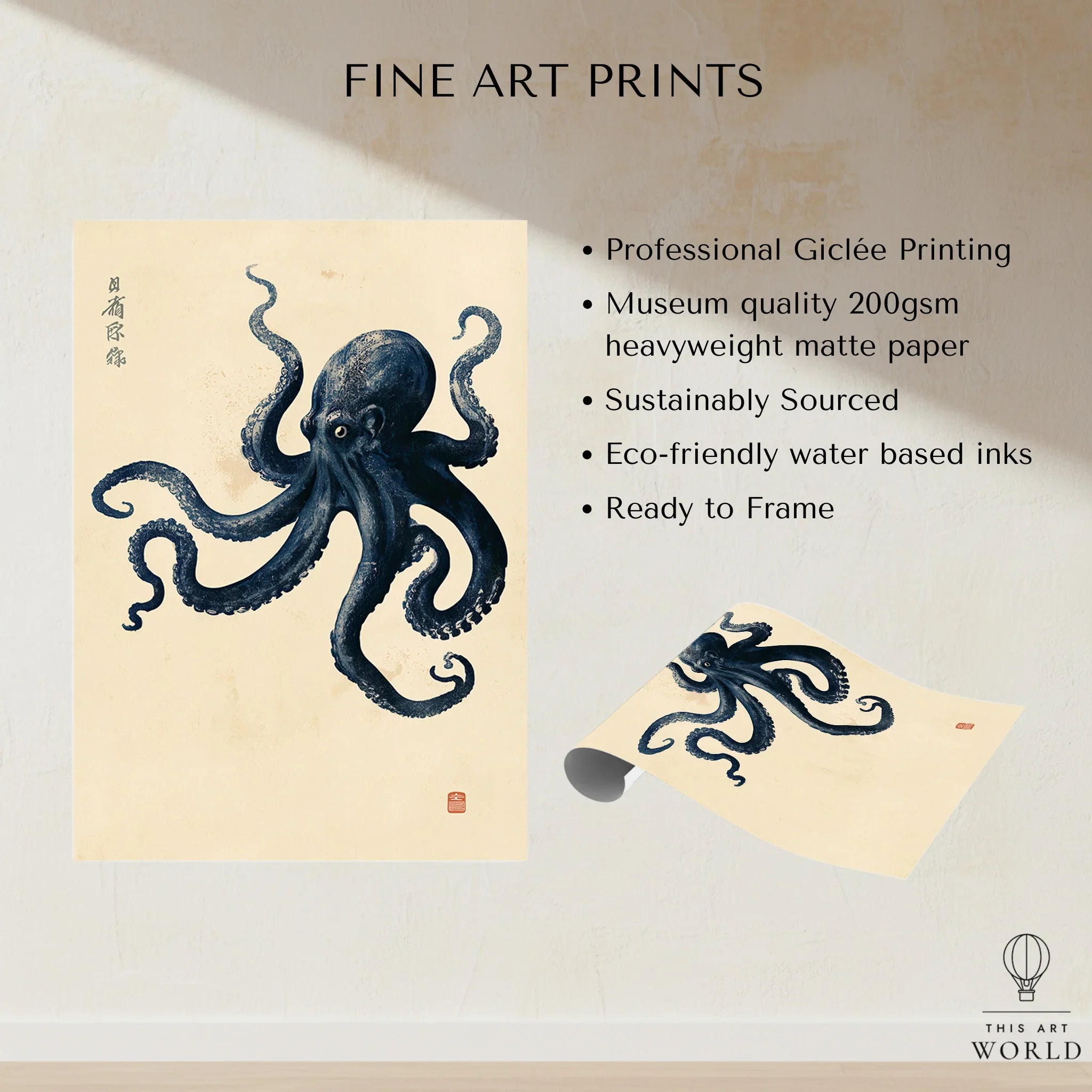Vintage Japanese Octopus Art Print – Coastal Wall Art — fine art print unframed quality details