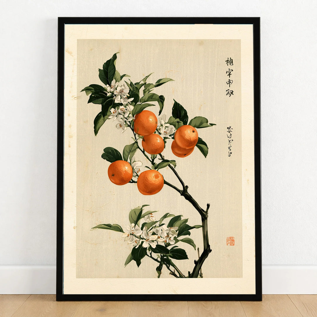 Japanese Orange Blossom Art Print – Vintage Botanical Wall Art — art print in black frame on wooden floor