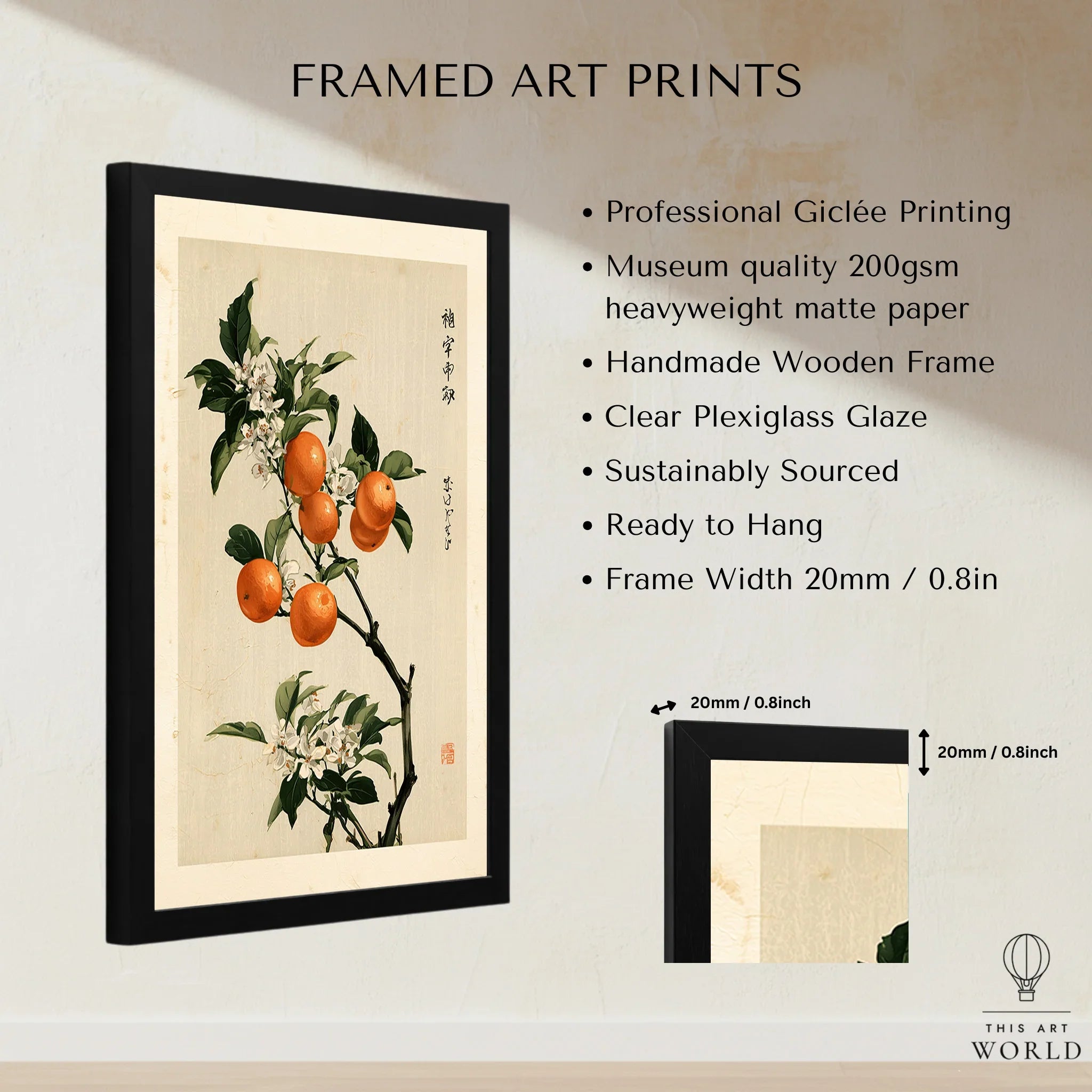 Japanese Orange Blossom Art Print – Vintage Botanical Wall Art — framed print details measurements quality details