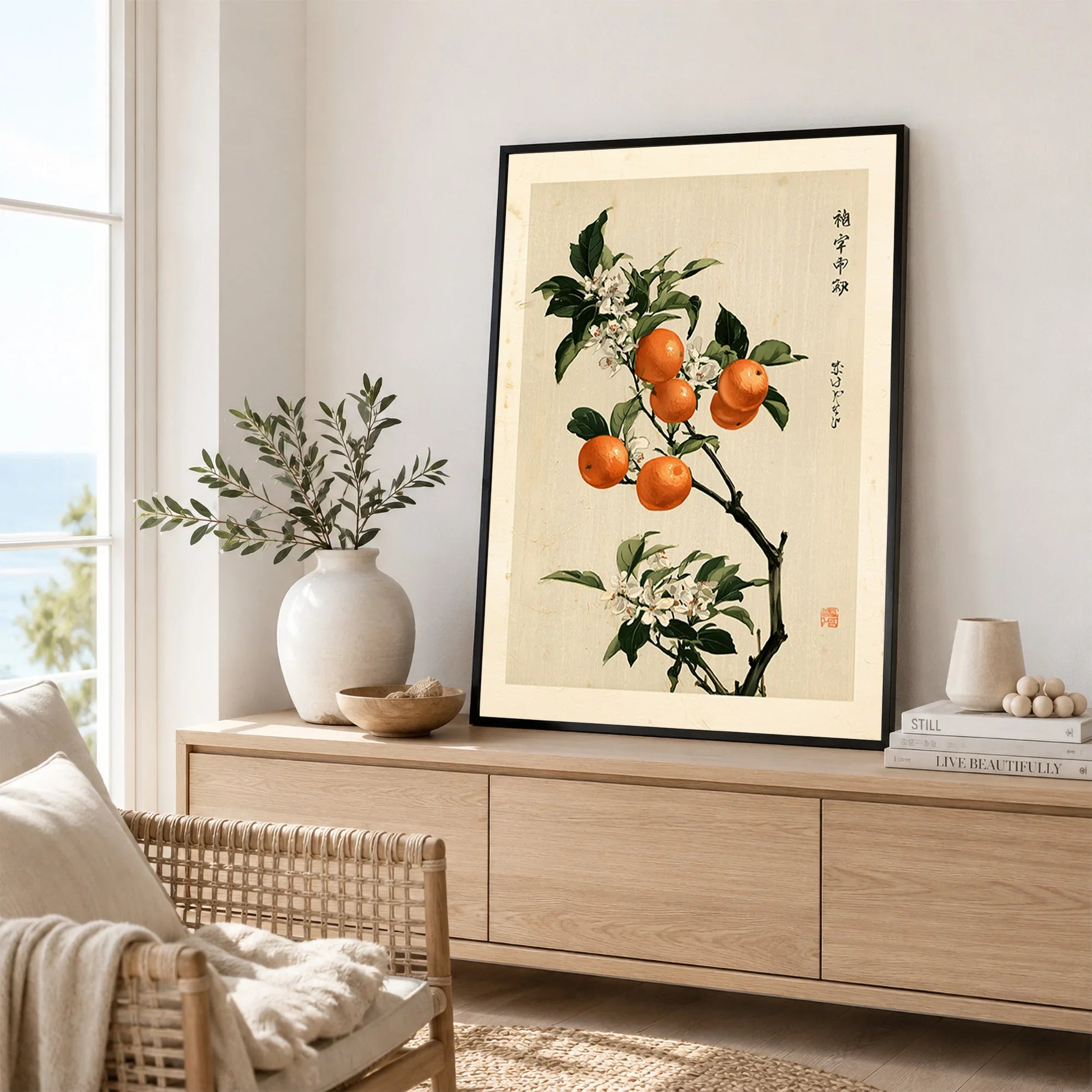 Japanese Orange Blossom Art Print – Vintage Botanical Wall Art — framed artwork living room lifestyle setting