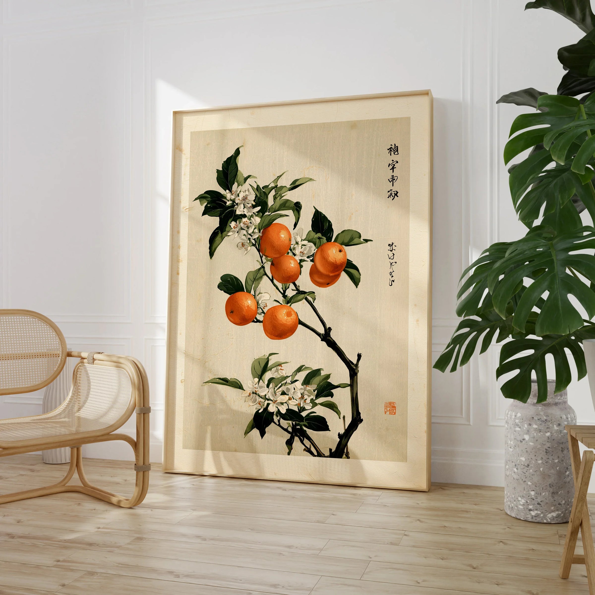Japanese Orange Blossom Art Print – Vintage Botanical Wall Art — large framed print room setting chair plant