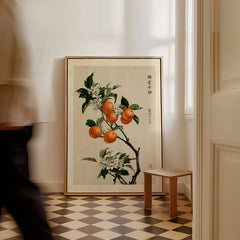 Japanese Orange Blossom Art Print – Vintage Botanical Wall Art — framed canvas on floor man walking past