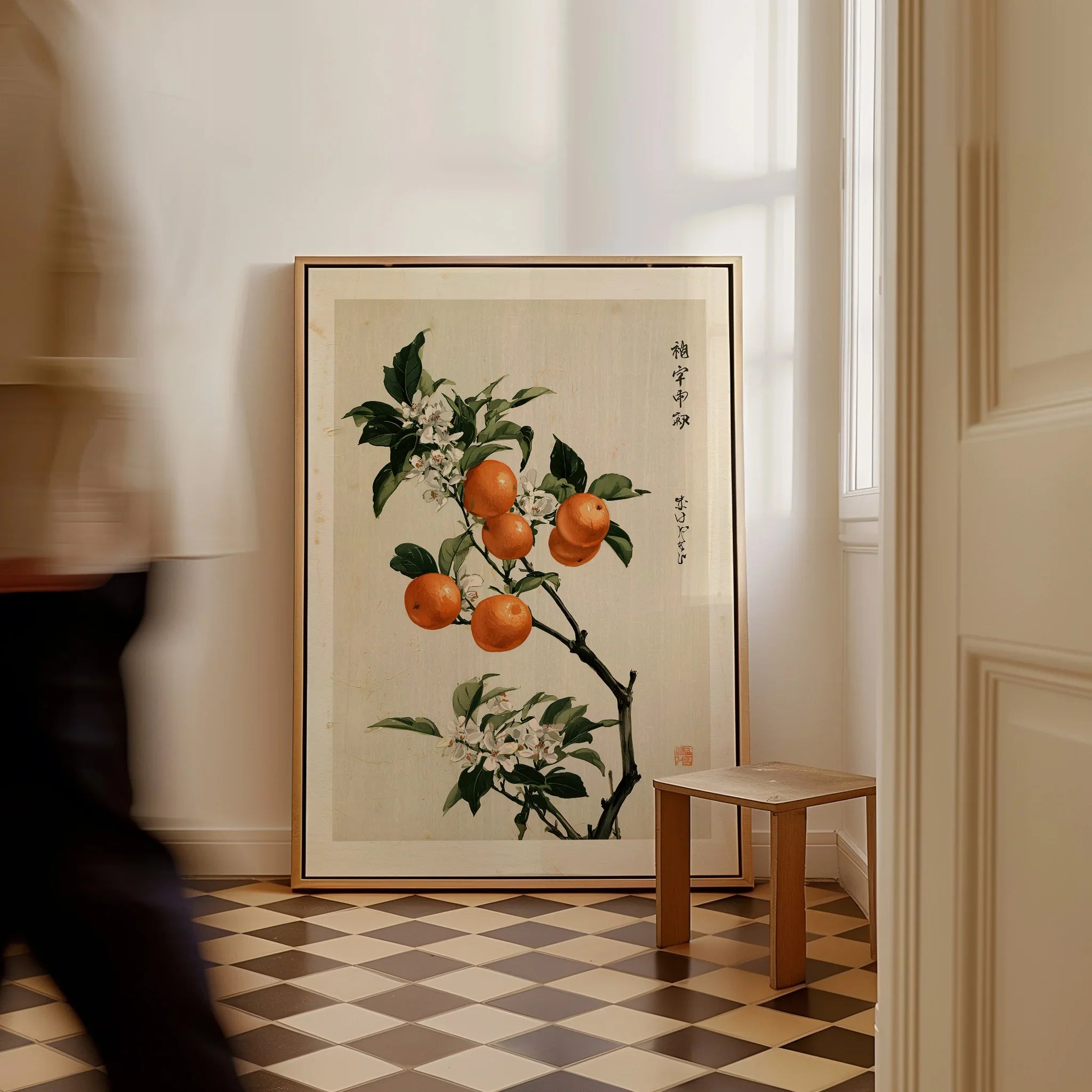 Japanese Orange Blossom Art Print – Vintage Botanical Wall Art — framed canvas on floor man walking past
