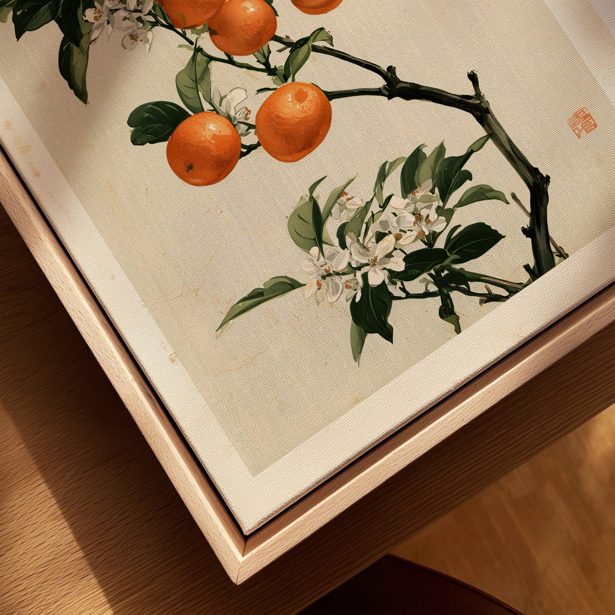 Japanese Orange Blossom Art Print – Vintage Botanical Wall Art — closeup framed canvas natural wood floating frame