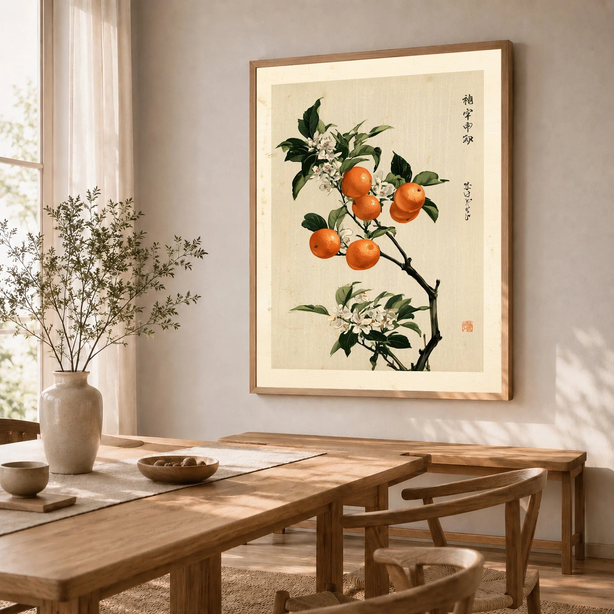 Japanese Orange Blossom Art Print – Vintage Botanical Wall Art — dining room framed print natural wood frame