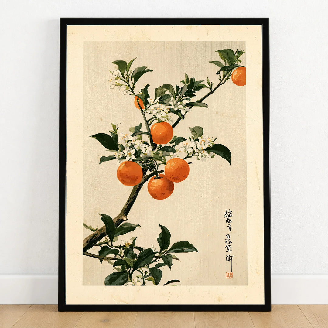Japanese Orange Art Print – Vintage Fruit & Blossom Wall Art — art print in black frame on wooden floor