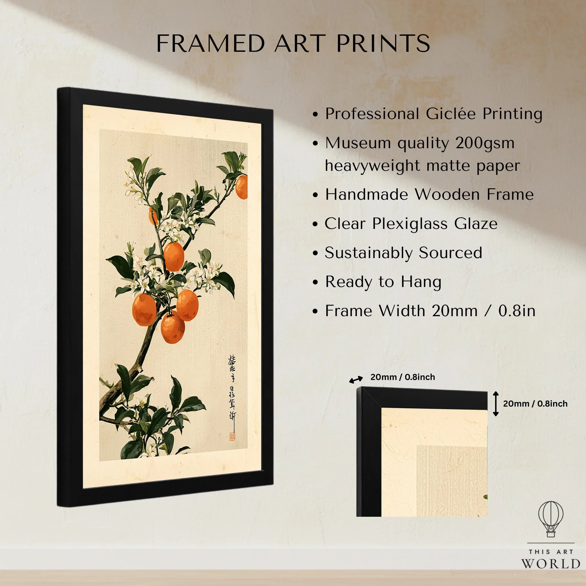 Japanese Orange Art Print – Vintage Fruit & Blossom Wall Art — framed print details measurements quality details