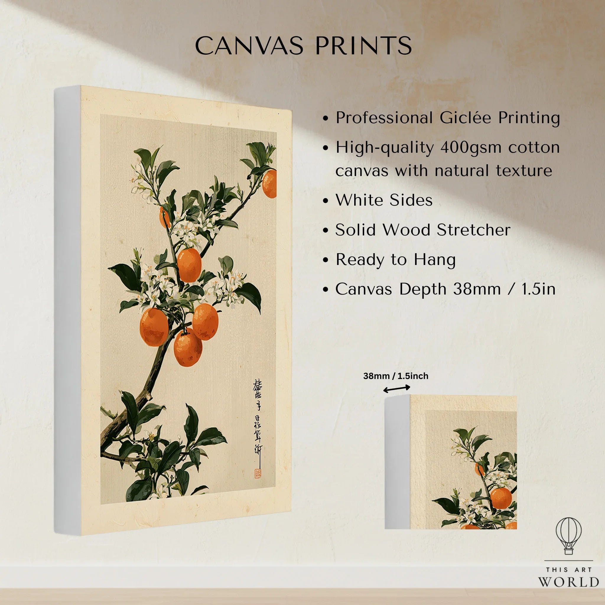 Japanese Orange Art Print – Vintage Fruit & Blossom Wall Art — canvas print stretched cotton canvas details