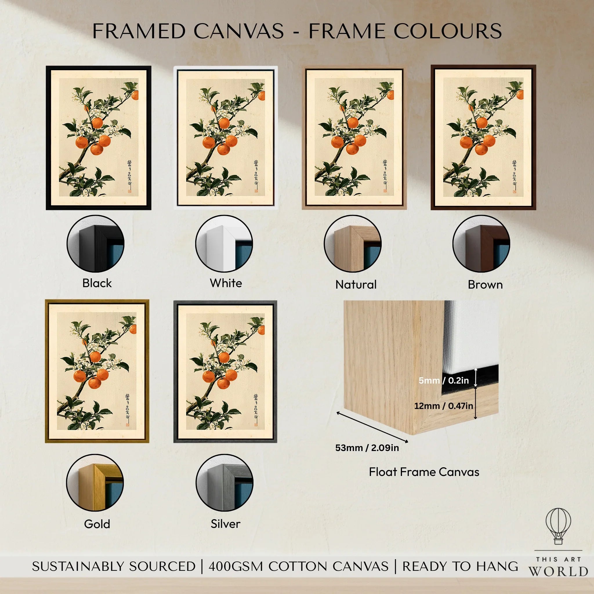 Japanese Orange Art Print – Vintage Fruit & Blossom Wall Art — framed canvas float frame colour options