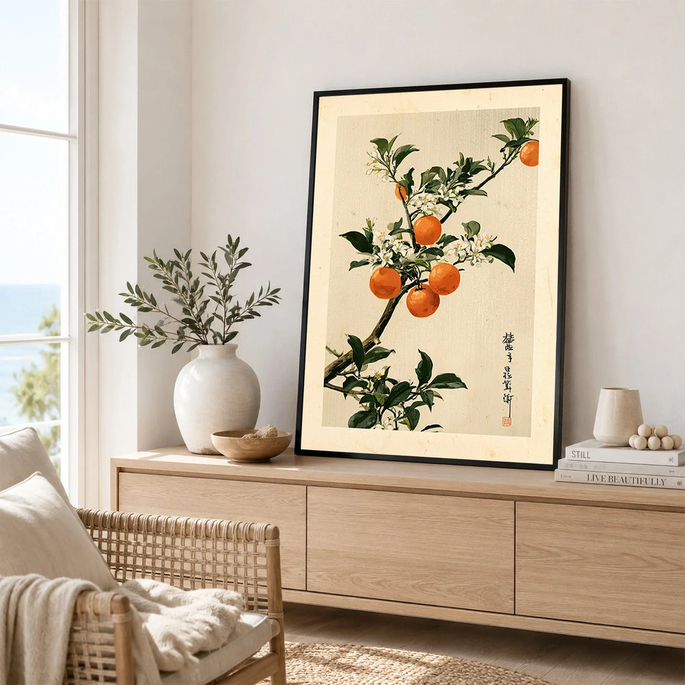 Japanese Orange Art Print – Vintage Fruit & Blossom Wall Art — framed artwork living room lifestyle setting