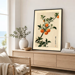 Japanese Orange Art Print – Vintage Fruit & Blossom Wall Art — framed artwork living room lifestyle setting