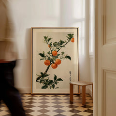 Japanese Orange Art Print – Vintage Fruit & Blossom Wall Art — framed canvas on floor man walking past
