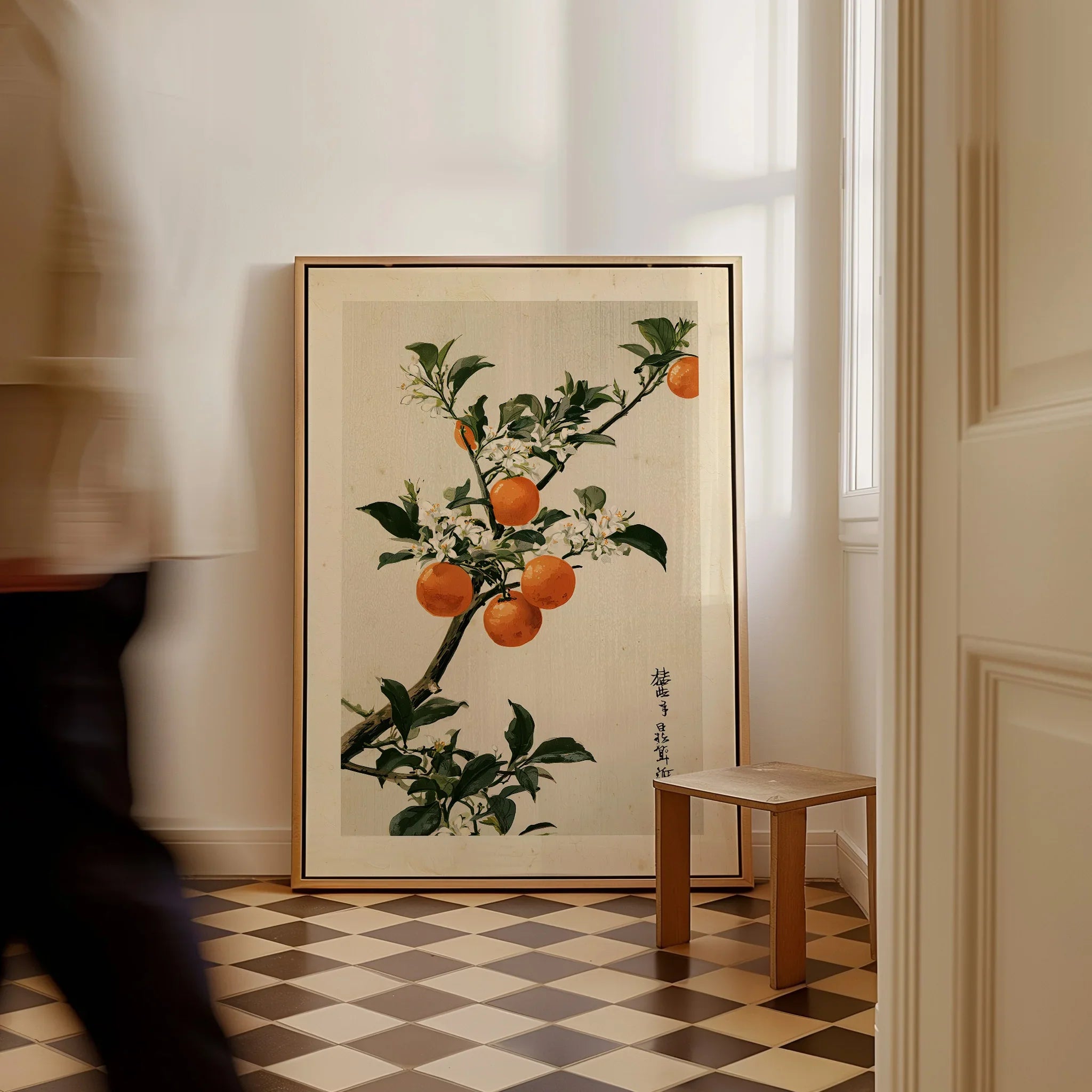 Japanese Orange Art Print – Vintage Fruit & Blossom Wall Art — framed canvas on floor man walking past