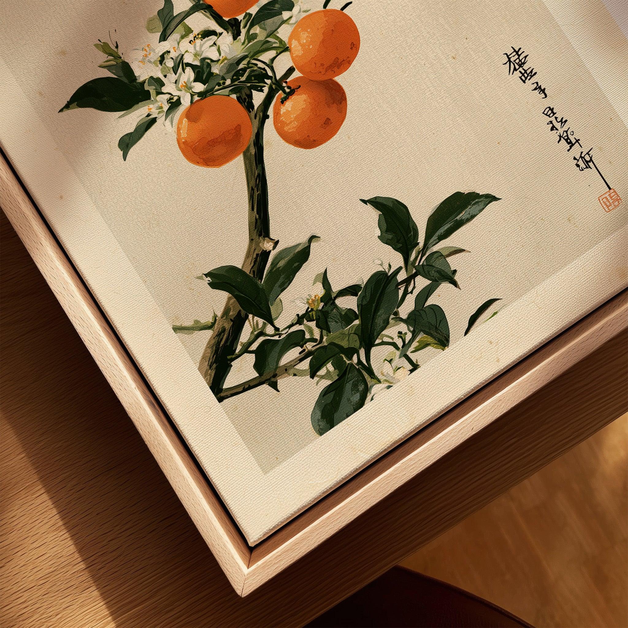 Japanese Orange Art Print – Vintage Fruit & Blossom Wall Art — closeup framed canvas natural wood floating frame
