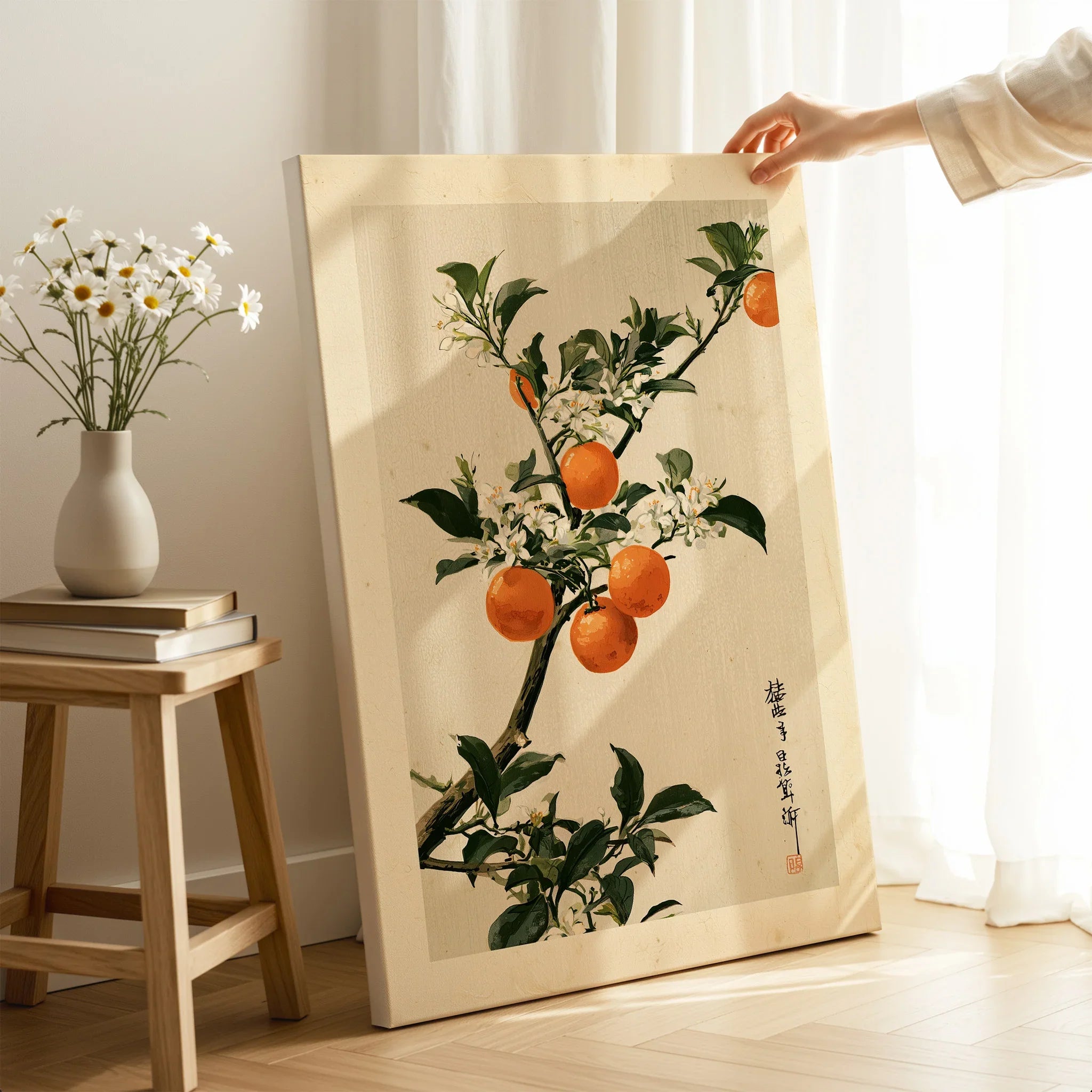 Japanese Orange Art Print – Vintage Fruit & Blossom Wall Art — canvas print mirror edge hand holding room setting