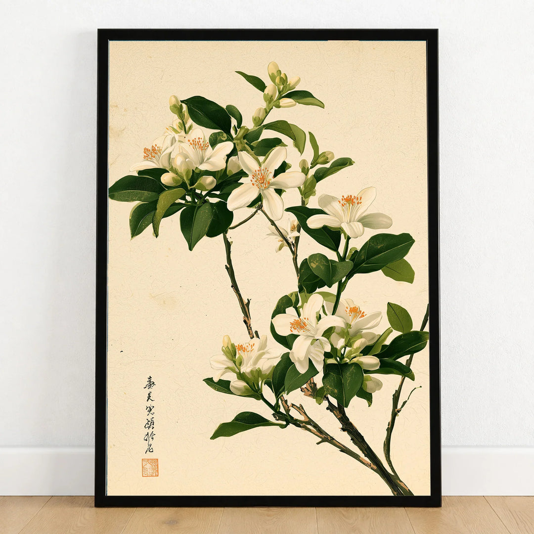 Japanese Orange Blossom Wall Art – Vintage Flower Print — art print in black frame on wooden floor
