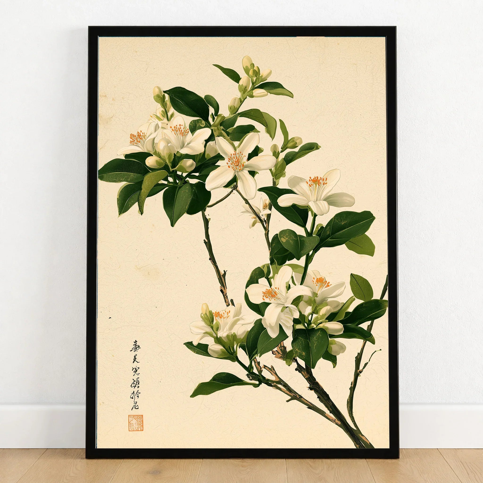 Japanese Orange Blossom Wall Art – Vintage Flower Print — art print in black frame on wooden floor