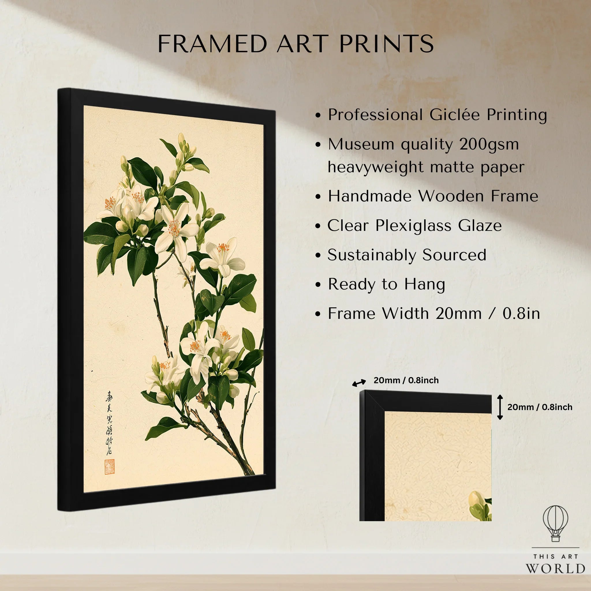 Japanese Orange Blossom Wall Art – Vintage Flower Print — framed print details measurements quality details