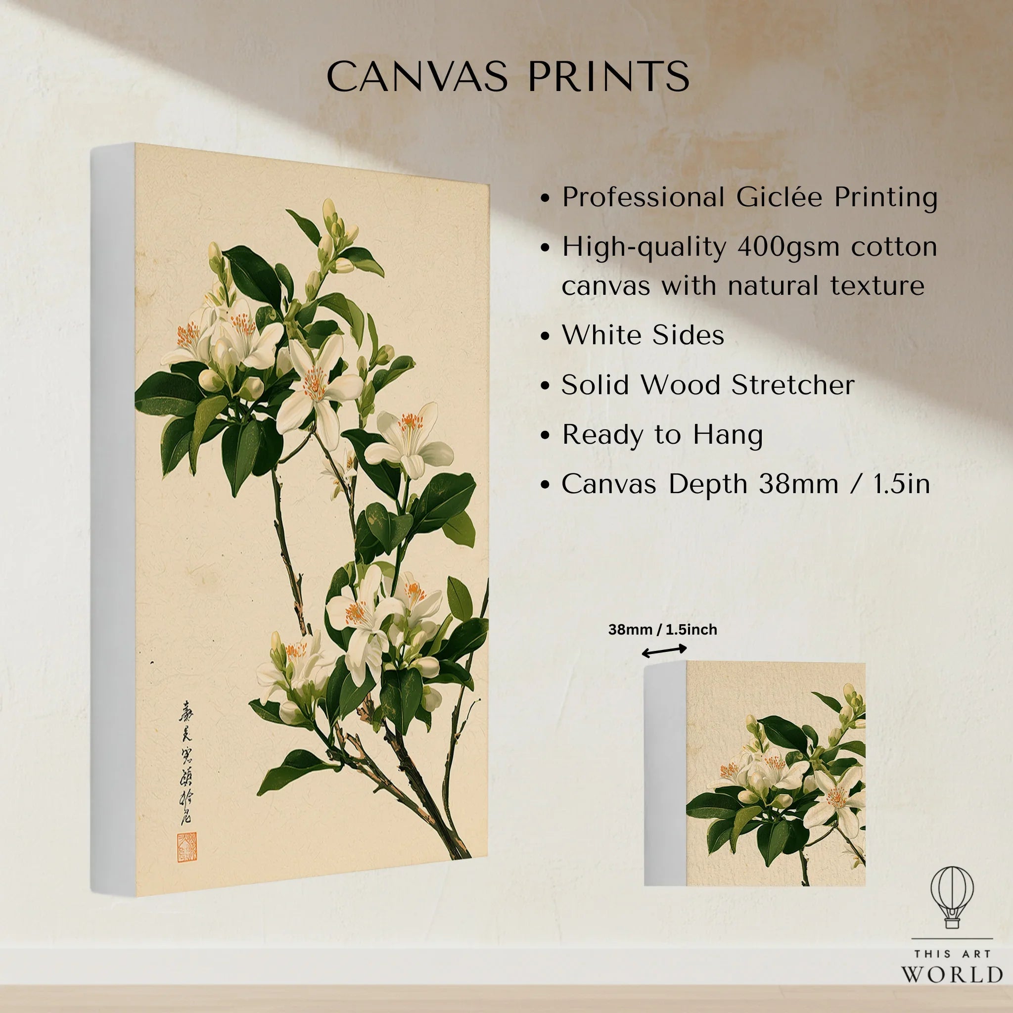 Japanese Orange Blossom Wall Art – Vintage Flower Print — canvas print stretched cotton canvas details