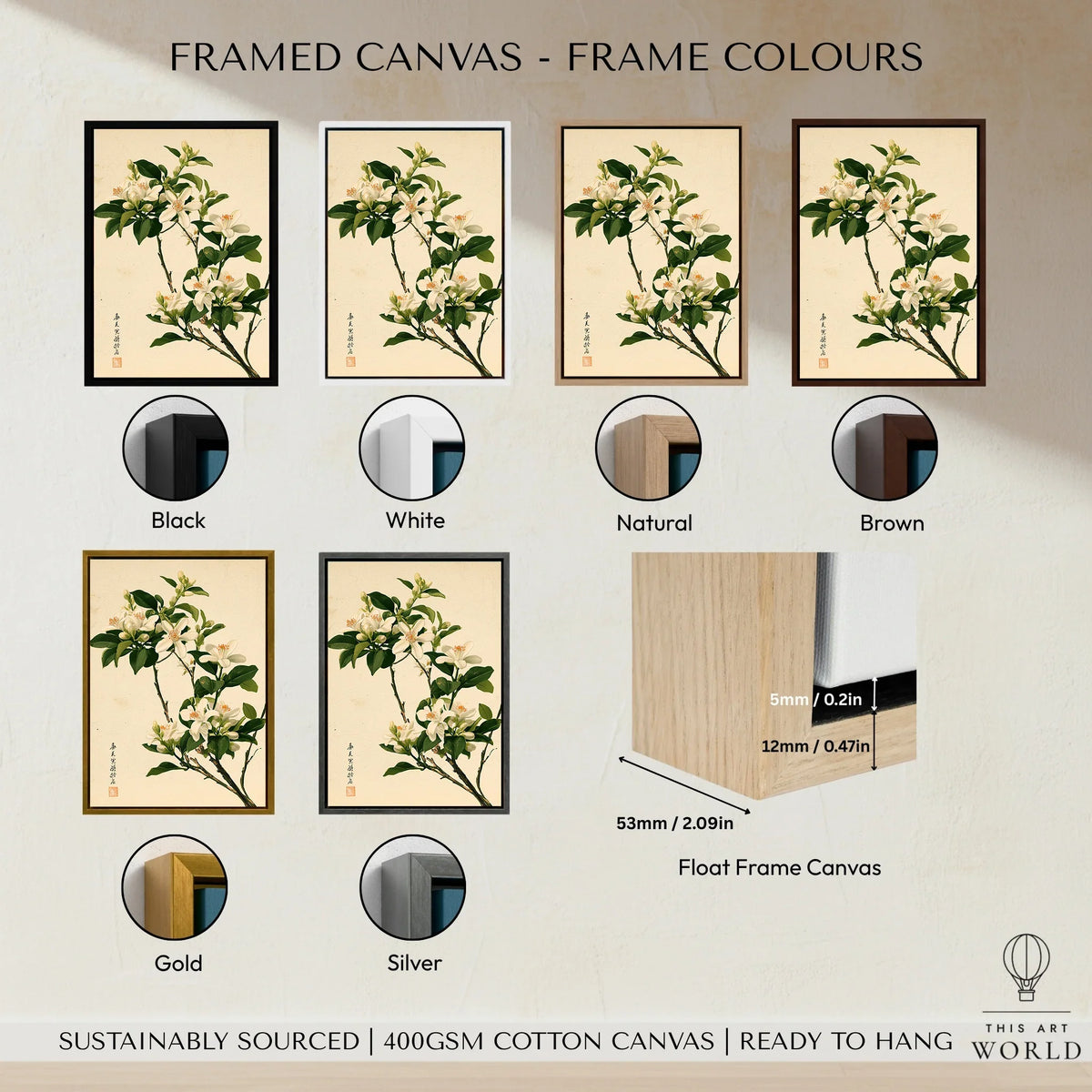 Japanese Orange Blossom Wall Art – Vintage Flower Print — framed canvas float frame colour options