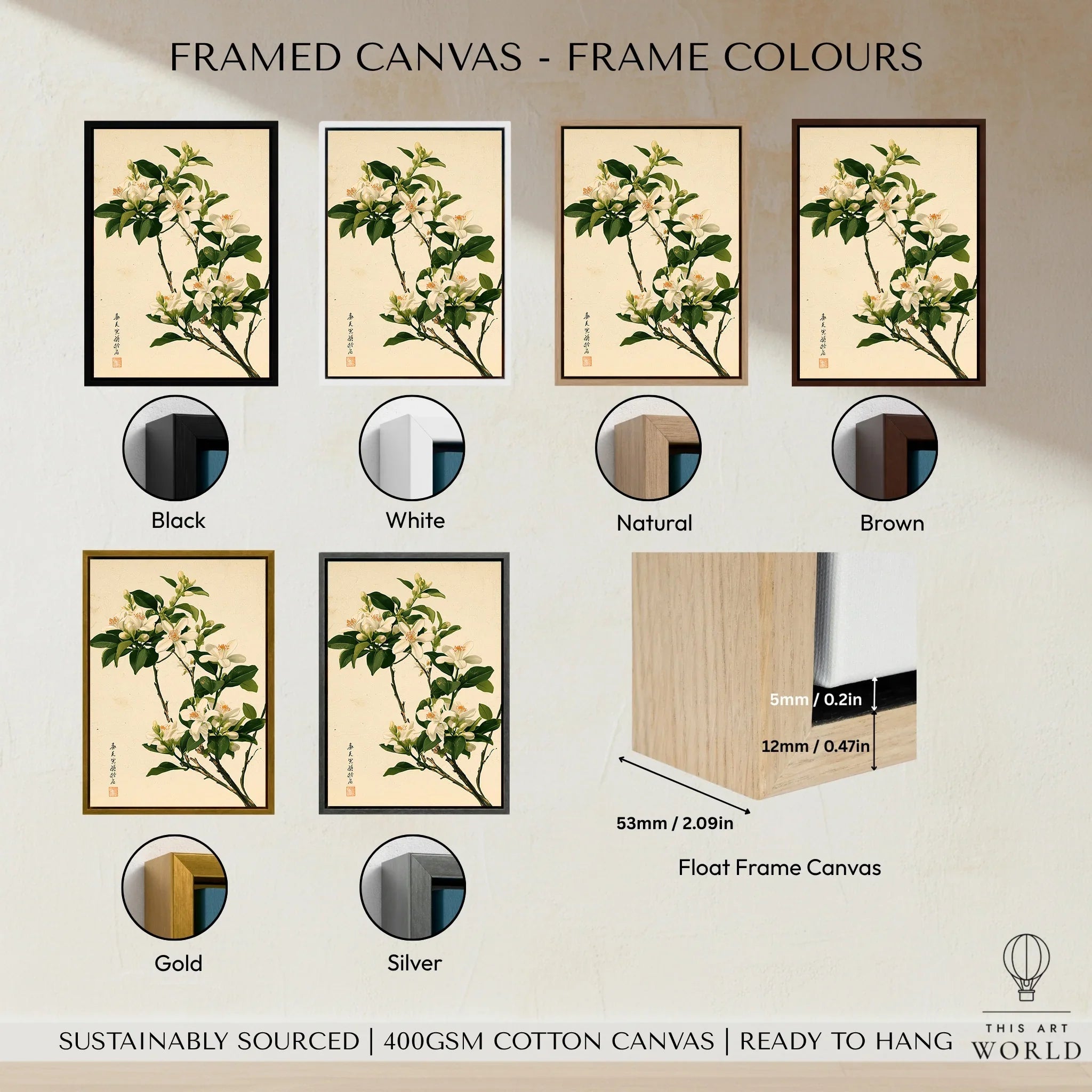 Japanese Orange Blossom Wall Art – Vintage Flower Print — framed canvas float frame colour options