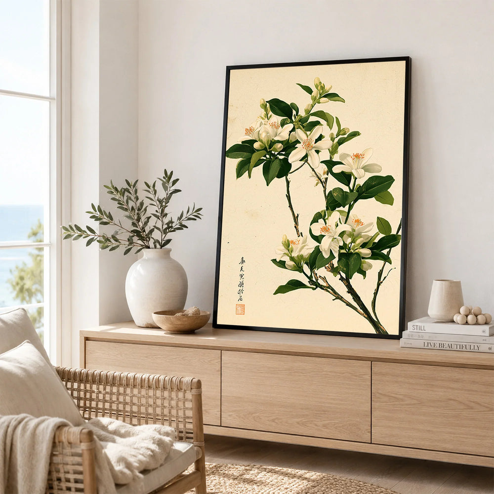 Japanese Orange Blossom Wall Art – Vintage Flower Print — framed artwork living room lifestyle setting