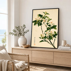 Japanese Orange Blossom Wall Art – Vintage Flower Print — framed artwork living room lifestyle setting