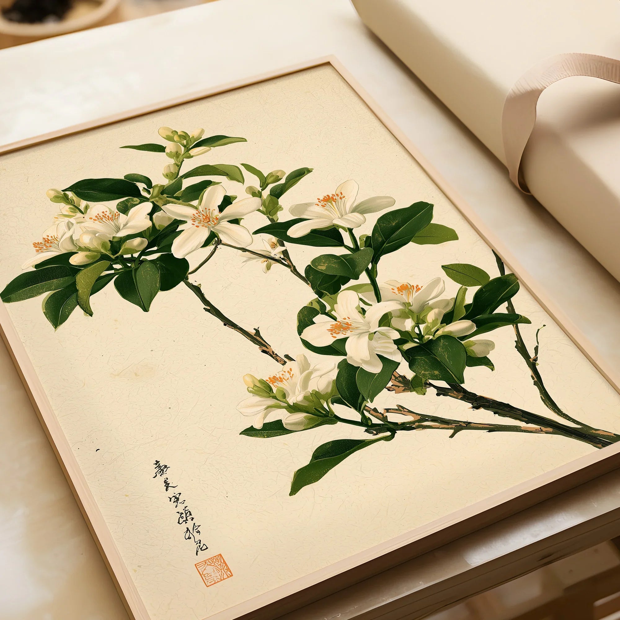 Japanese Orange Blossom Wall Art – Vintage Flower Print — framed art print closeup gift unwrapped natural frame
