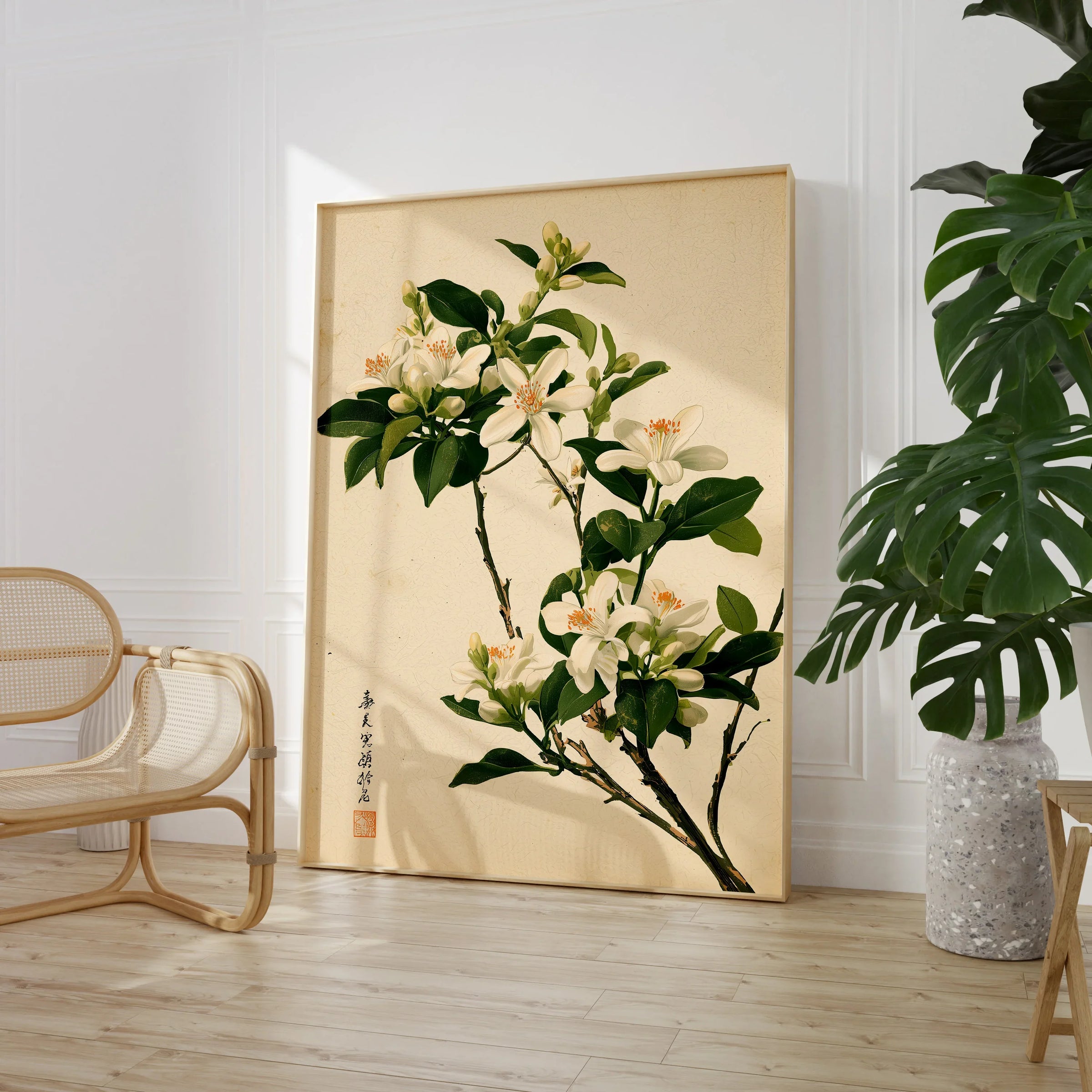 Japanese Orange Blossom Wall Art – Vintage Flower Print — large framed print room setting chair plant