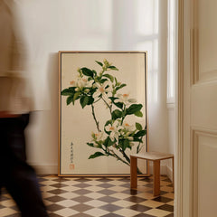 Japanese Orange Blossom Wall Art – Vintage Flower Print — framed canvas on floor man walking past