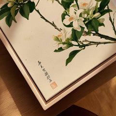Japanese Orange Blossom Wall Art – Vintage Flower Print — closeup framed canvas natural wood floating frame