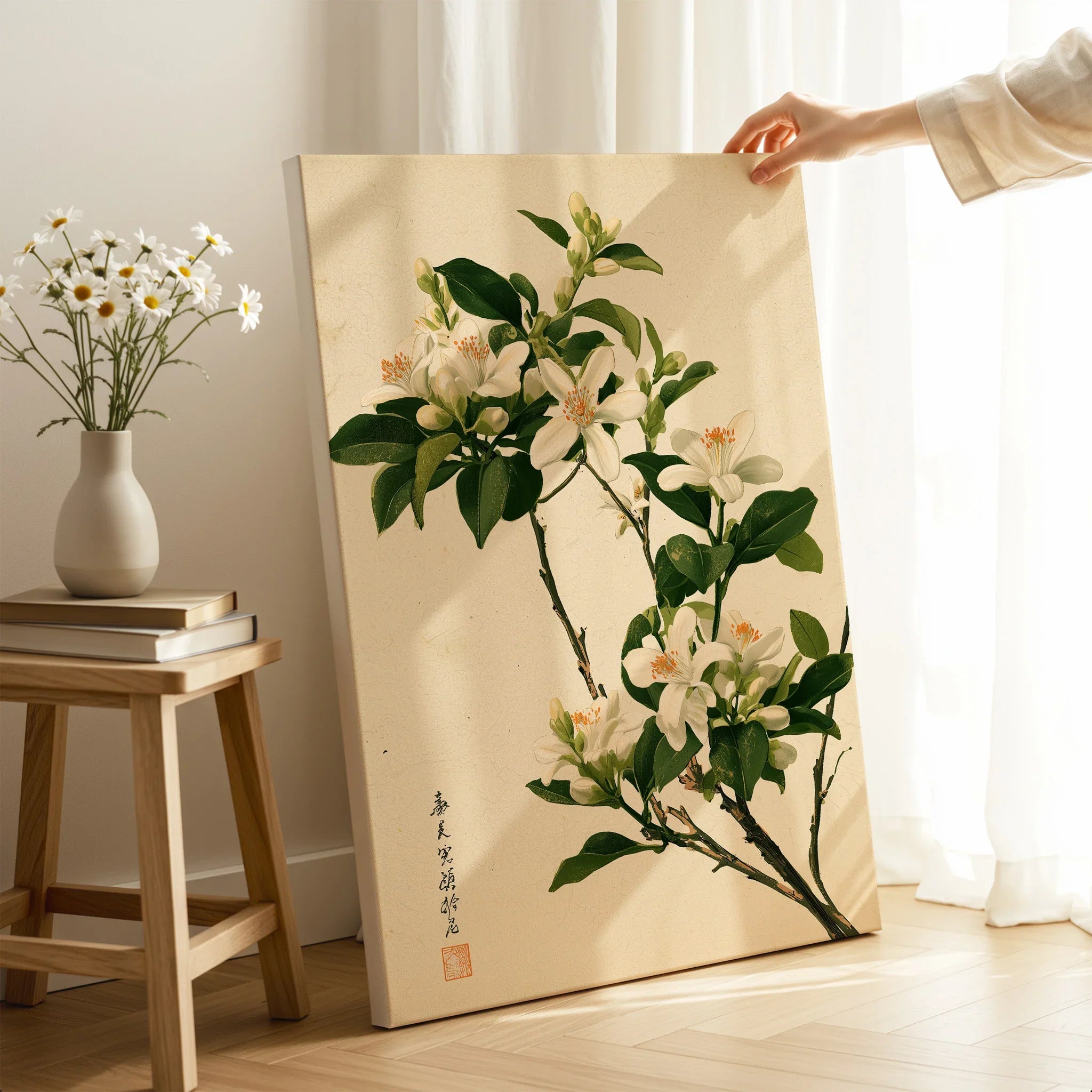 Japanese Orange Blossom Wall Art – Vintage Flower Print — canvas print mirror edge hand holding room setting