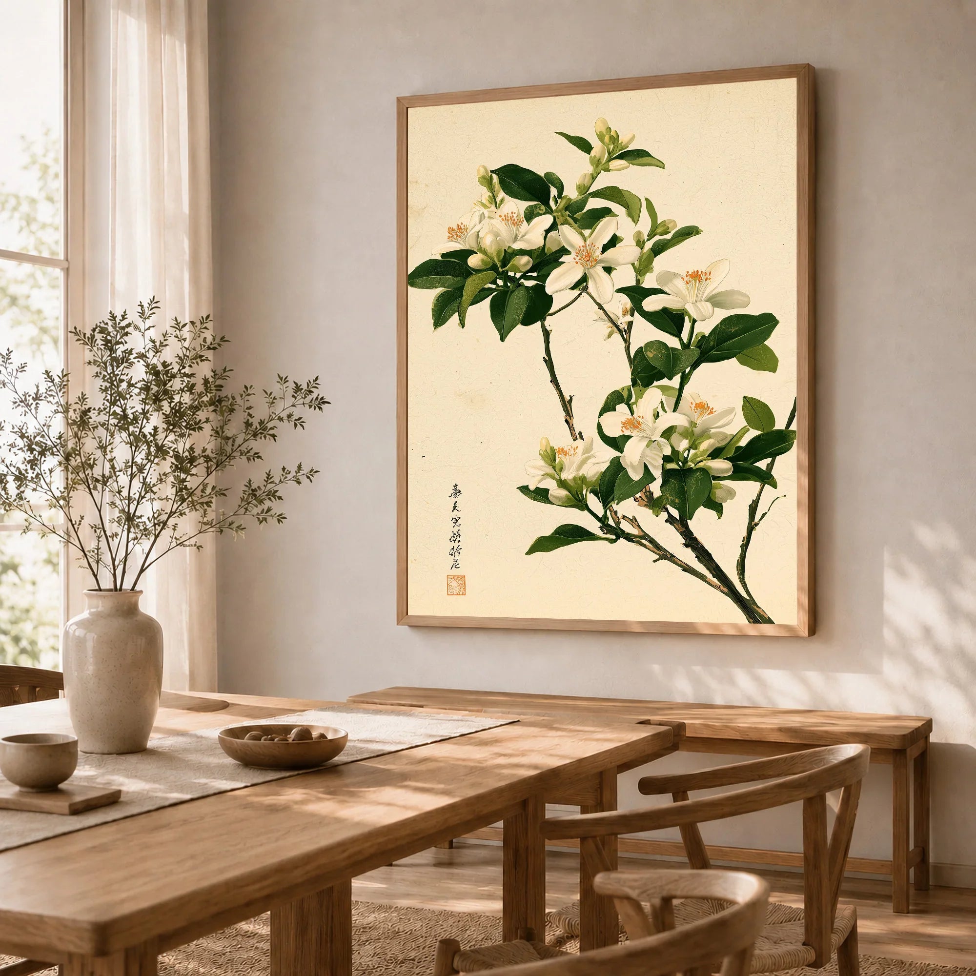 Japanese Orange Blossom Wall Art – Vintage Flower Print — dining room framed print natural wood frame