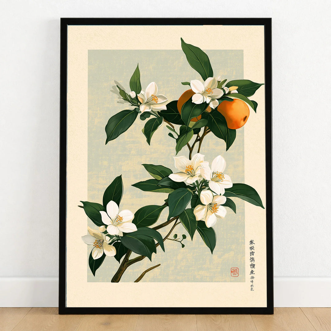Japanese Citrus Art Print – Orange Blossom Botanical Wall Art — art print in black frame on wooden floor