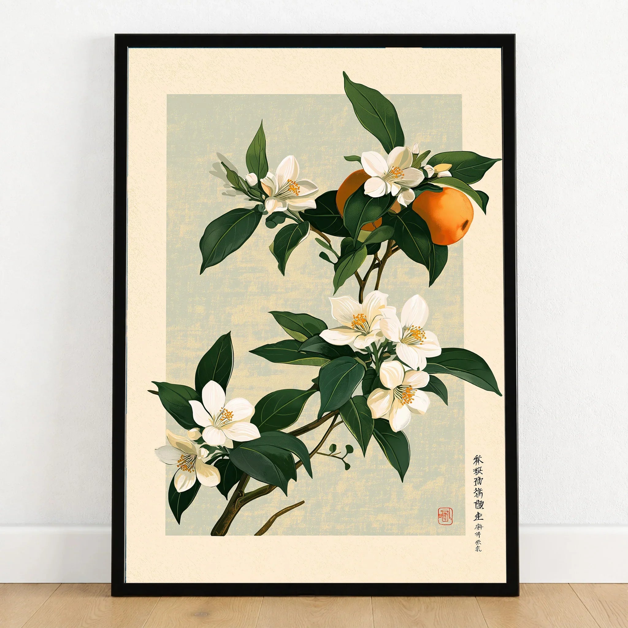 Japanese Citrus Art Print – Orange Blossom Botanical Wall Art — art print in black frame on wooden floor