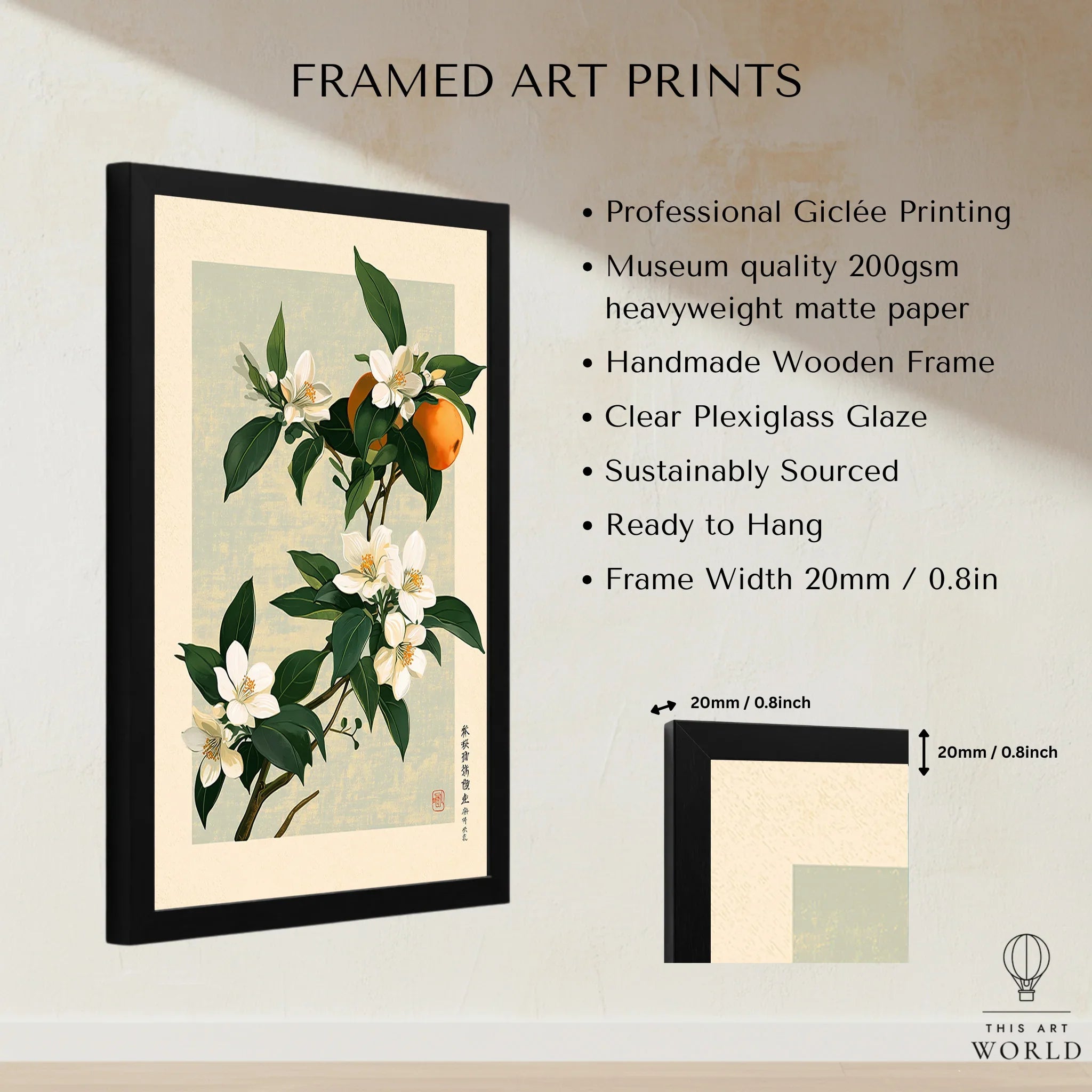 Japanese Citrus Art Print – Orange Blossom Botanical Wall Art — framed print details measurements quality details