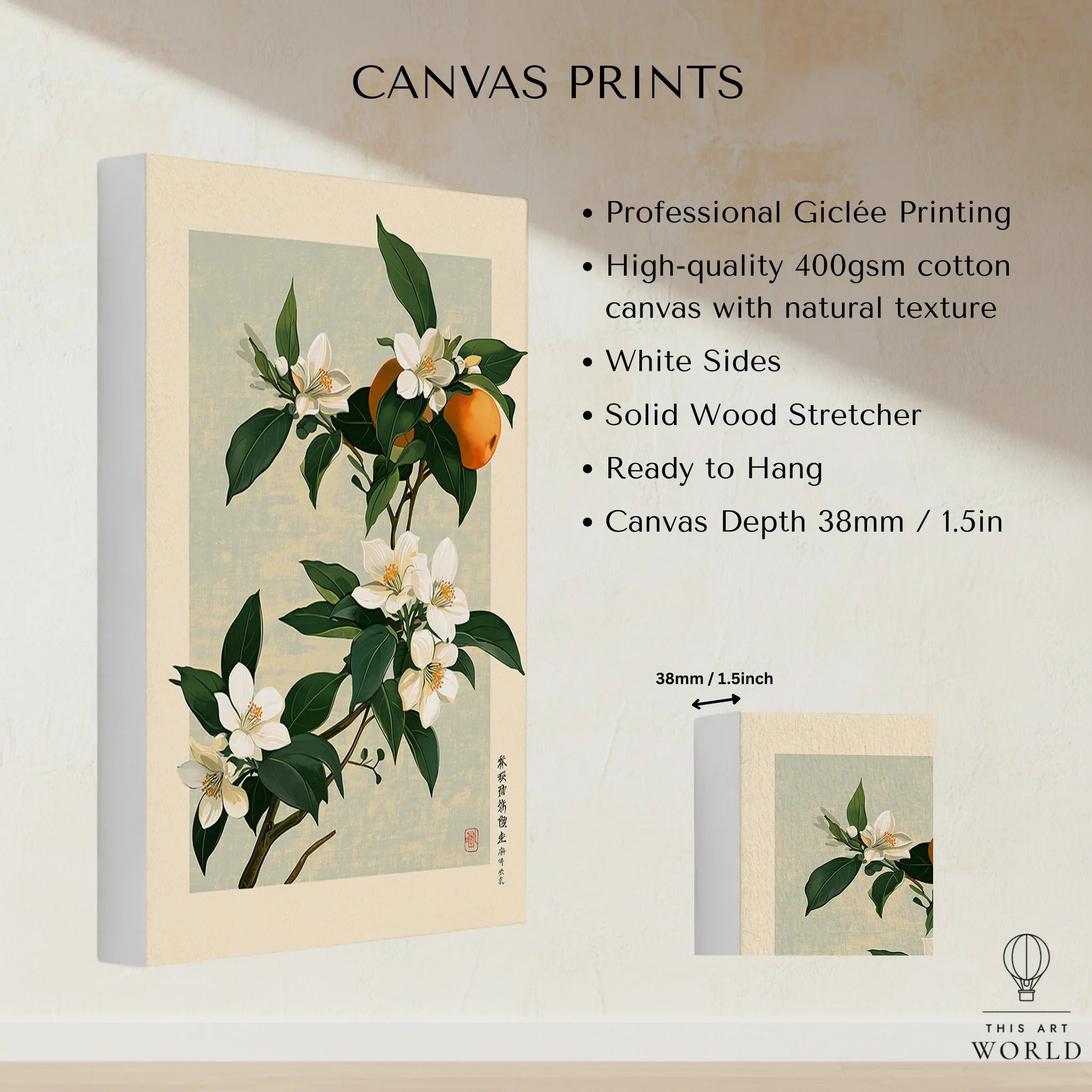 Japanese Citrus Art Print – Orange Blossom Botanical Wall Art — canvas print stretched cotton canvas details