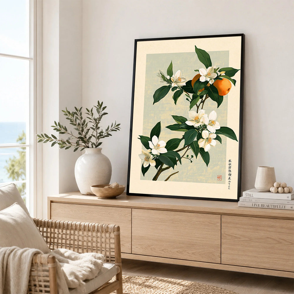 Japanese Citrus Art Print – Orange Blossom Botanical Wall Art — framed artwork living room lifestyle setting