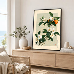 Japanese Citrus Art Print – Orange Blossom Botanical Wall Art — framed artwork living room lifestyle setting