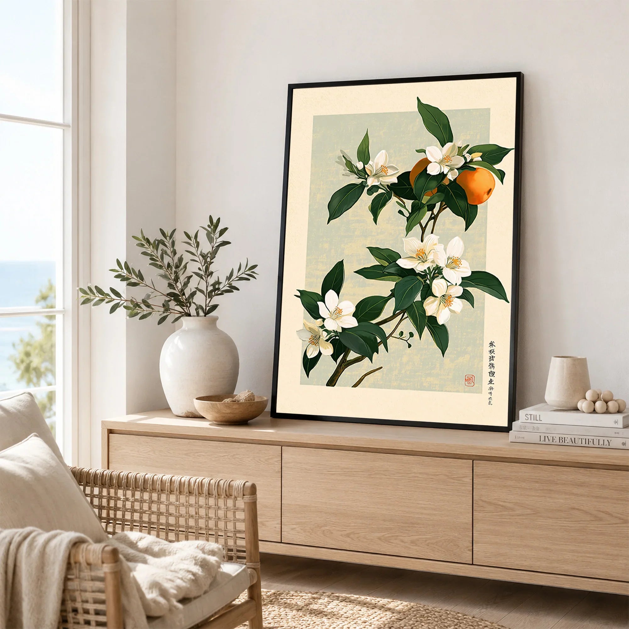 Japanese Citrus Art Print – Orange Blossom Botanical Wall Art — framed artwork living room lifestyle setting