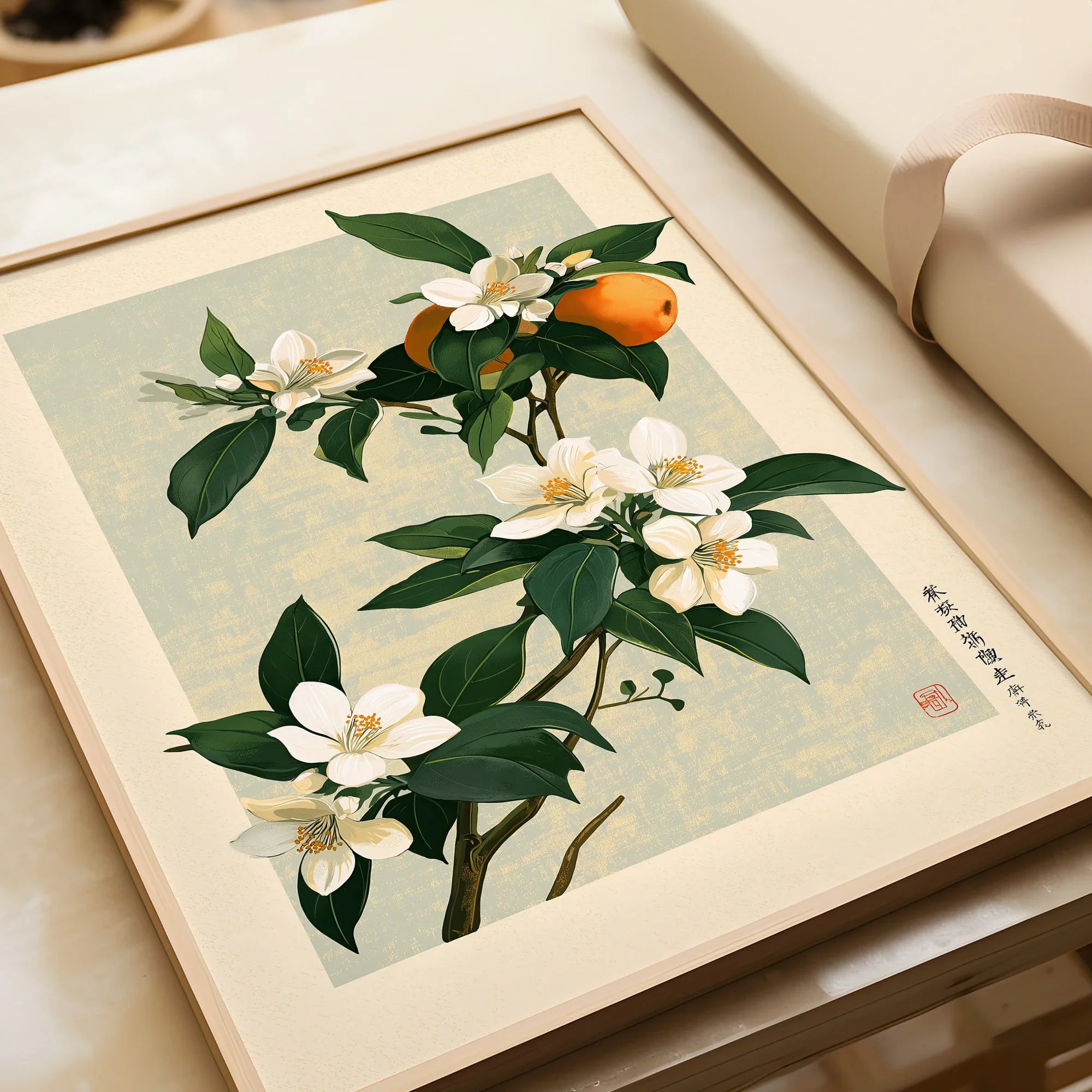 Japanese Citrus Art Print – Orange Blossom Botanical Wall Art — framed art print closeup gift unwrapped natural frame