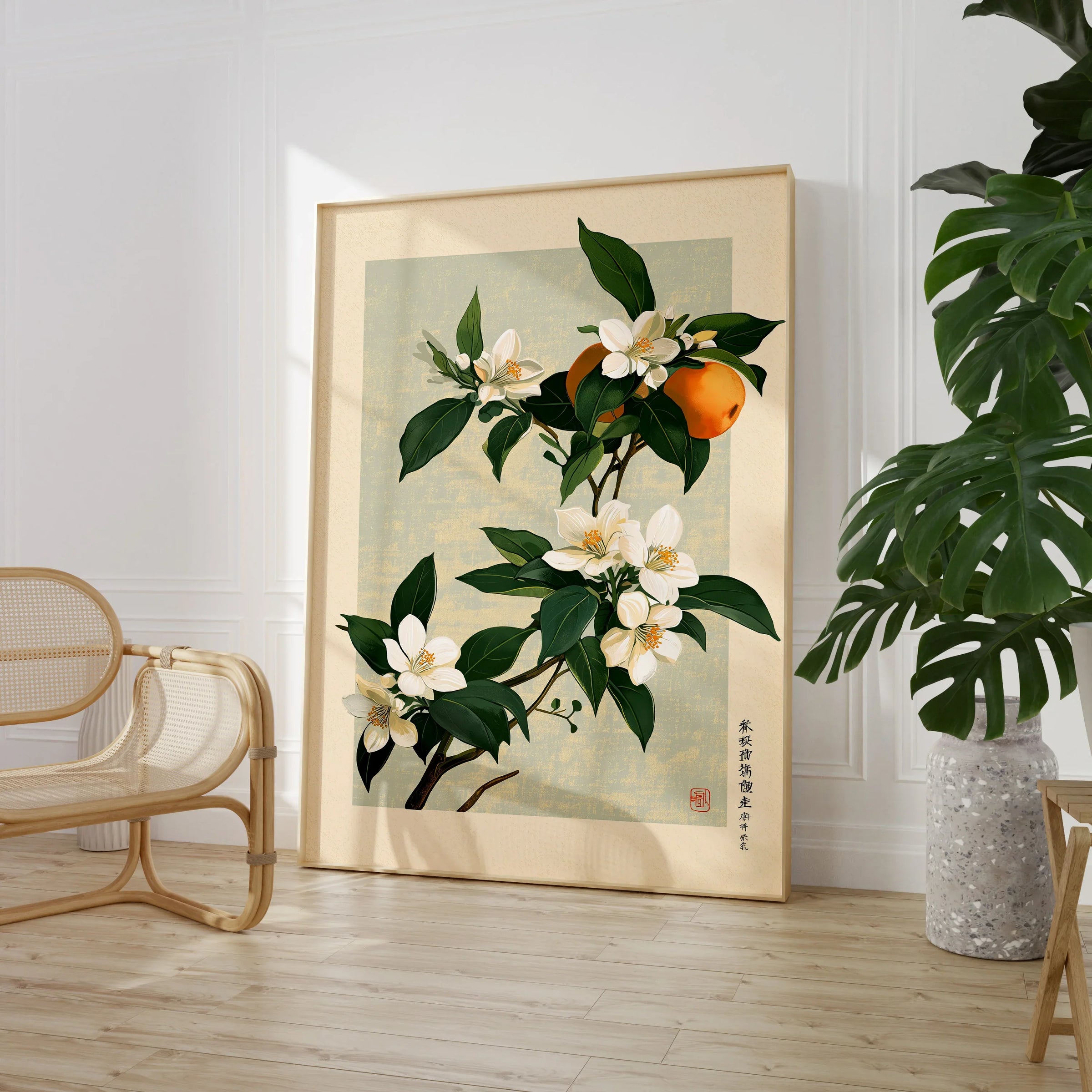 Japanese Citrus Art Print – Orange Blossom Botanical Wall Art — large framed print room setting chair plant