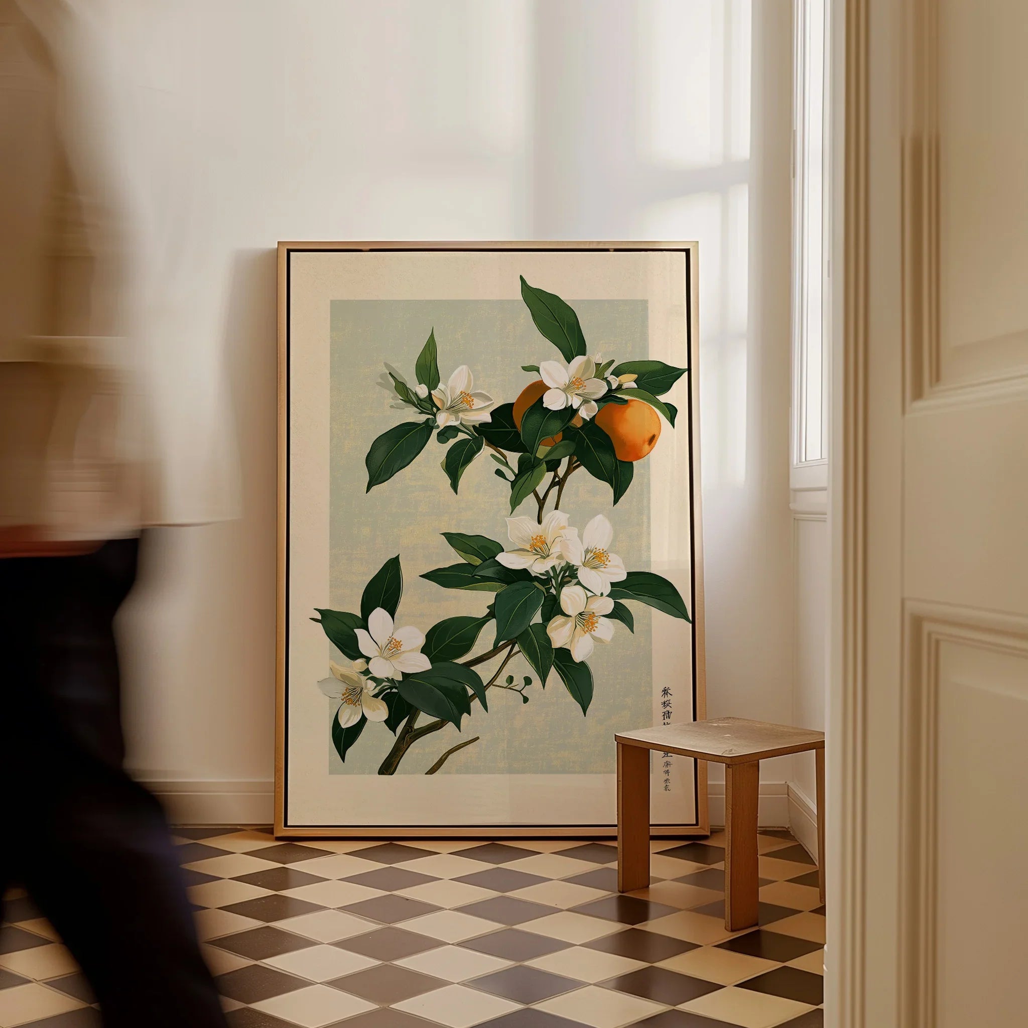 Japanese Citrus Art Print – Orange Blossom Botanical Wall Art — framed canvas on floor man walking past