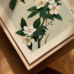 Japanese Citrus Art Print – Orange Blossom Botanical Wall Art — closeup framed canvas natural wood floating frame