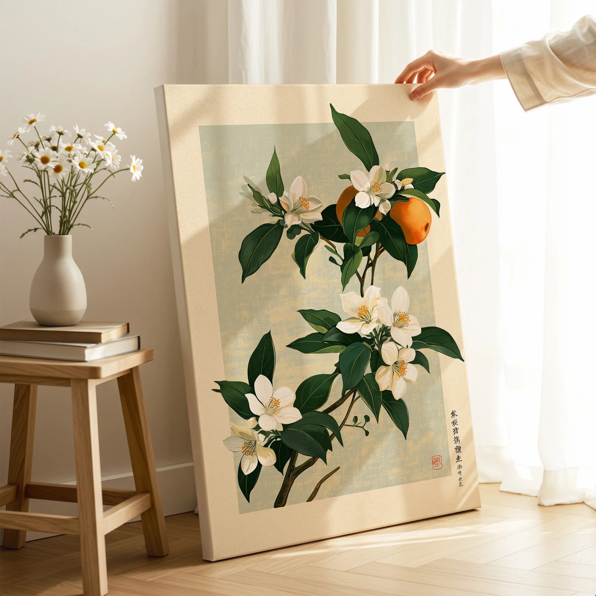 Japanese Citrus Art Print – Orange Blossom Botanical Wall Art — canvas print mirror edge hand holding room setting