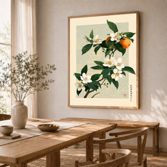 Japanese Citrus Art Print – Orange Blossom Botanical Wall Art — dining room framed print natural wood frame