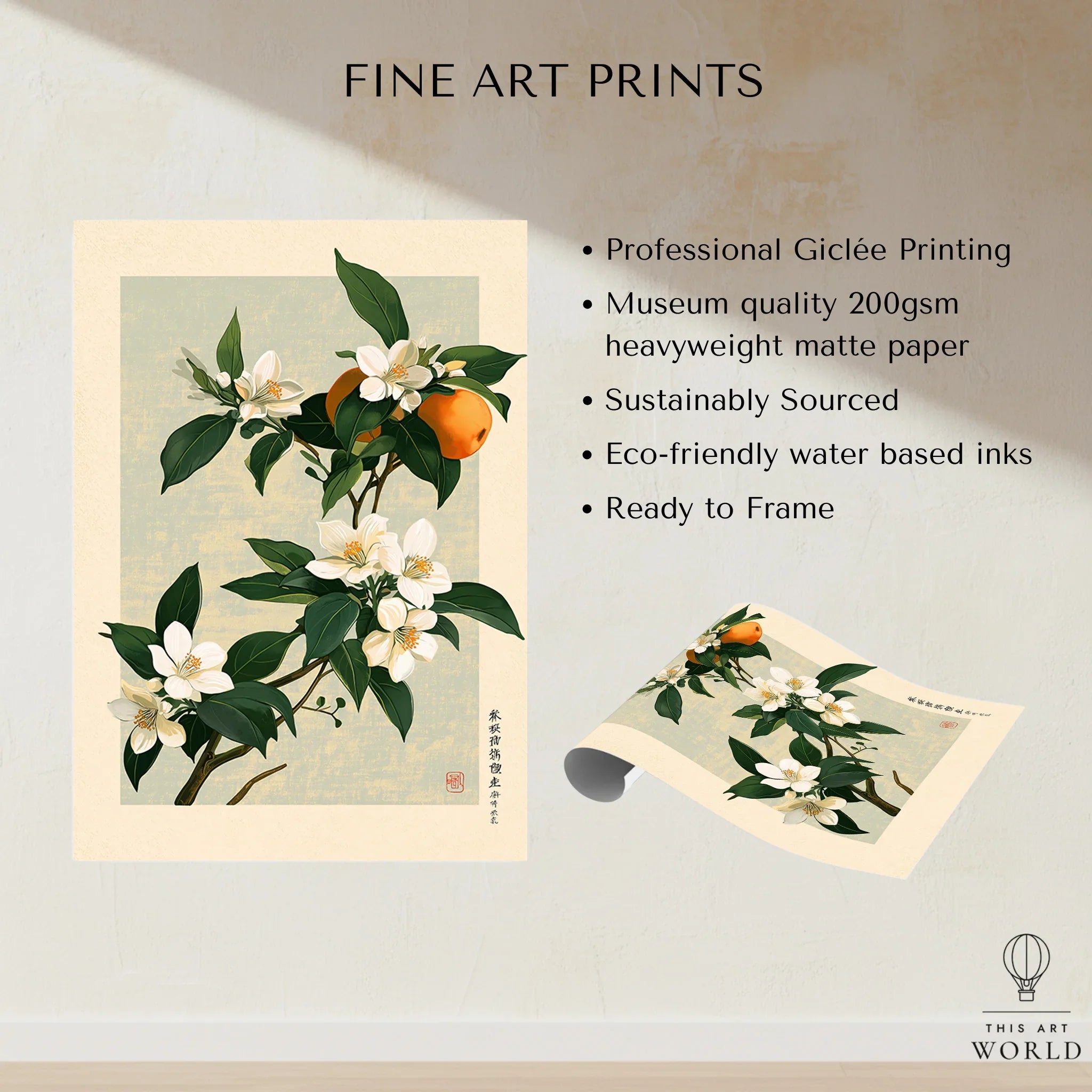 Japanese Citrus Art Print – Orange Blossom Botanical Wall Art — fine art print unframed quality details